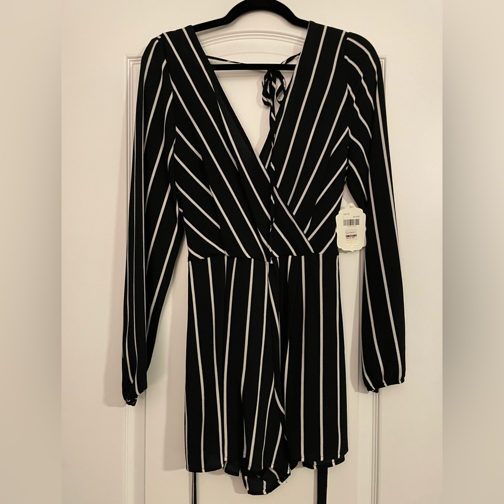 Black and White Striped long sleeve Romper